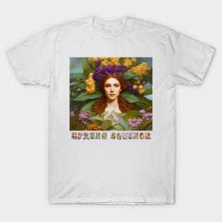 Spring Equinox Beautiful Woman Surrounded By Spring Flowers and Leaves T-Shirt